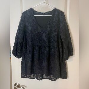 Jodifl Black Lace Boho Babydoll Top with 3/4 Balloons Sleeves Oversized Size M